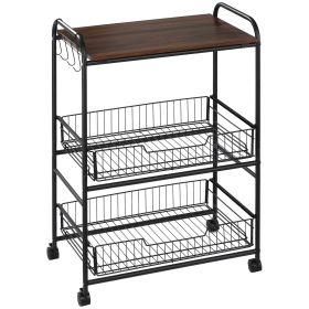 Walnut 3-Tier Mobile Kitchen Trolley, Versatile Storage with Basket Drawers