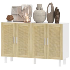 Boho Kitchen Cabinet, Buffet Cabinet with 4 Rattan Doors and Adjustable Shelves for Dining Room, White and Natural