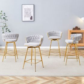 A set of 4 rotating bar stools, equipped with breathable linen cushions - beige seats with golden metal legs