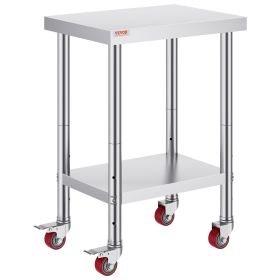 VEVOR Stainless Steel Work Table 24 x 18 x 34 Inch, 700 LBS Load Capacity with 4 Wheels, 3 Adjustable Height Levels